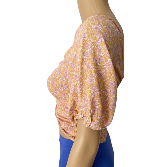 H&M Pink Yellow Cottagecore Floral Print Smocked Peasant Style Crop Top Sz Small - Picture 2 of 6
